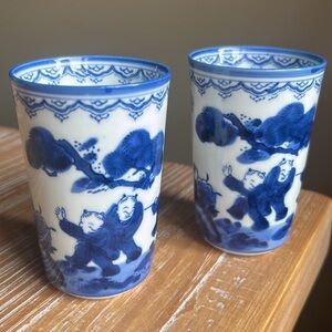Vintage Japanese Tea Glasses Traditional “Karako" Design, Children’s Playing